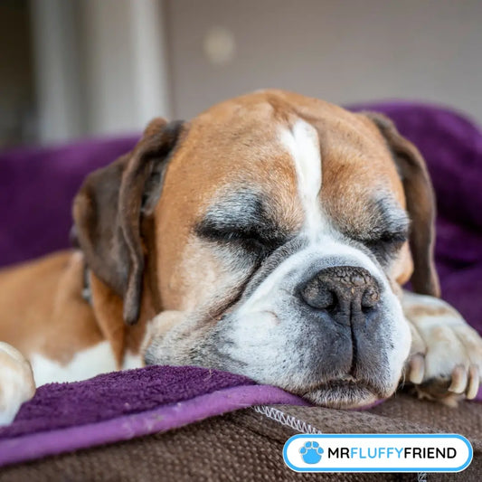 Close-up of a sleeping senior Boxer dog with closed eyes, resting on a cozy purple blanket — featured image for a blog about senior dogs that sleep all day