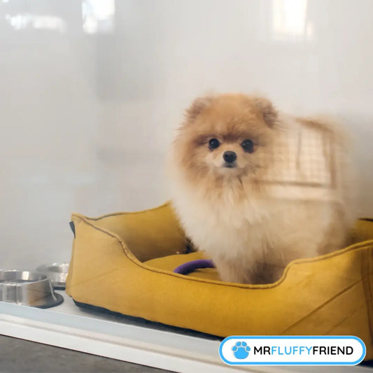 Featured image for the blog "What is Dog Boarding? Stress-Free New Year's Pet Care" with a small fluffy dog inside a glass kennel