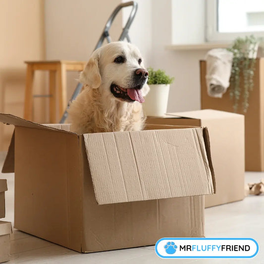 Happy Golden Retriever sitting inside a cardboard moving box, illustrating how to help a dog adjust to a new home.