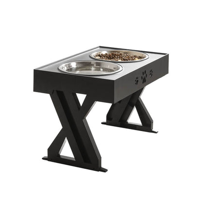 Stylish black pet feeding station with two stainless steel bowls, featuring paw print design and a sturdy X-shaped support that can be adjusted according to the pet's growth